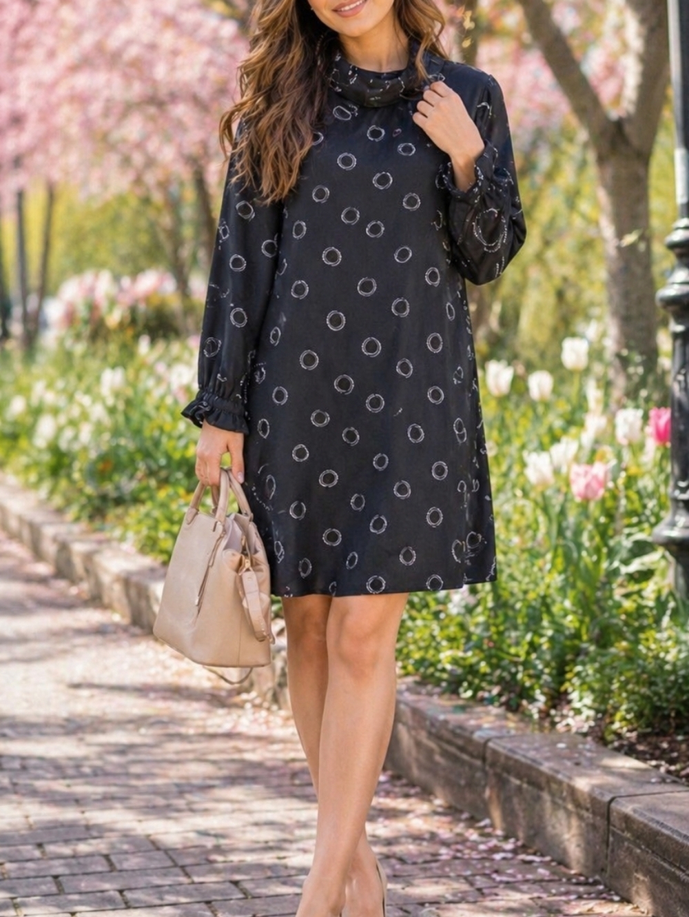 Hobbs Black Dotted Dress | Elegant Shift Midi | Ruffle Sleeve
